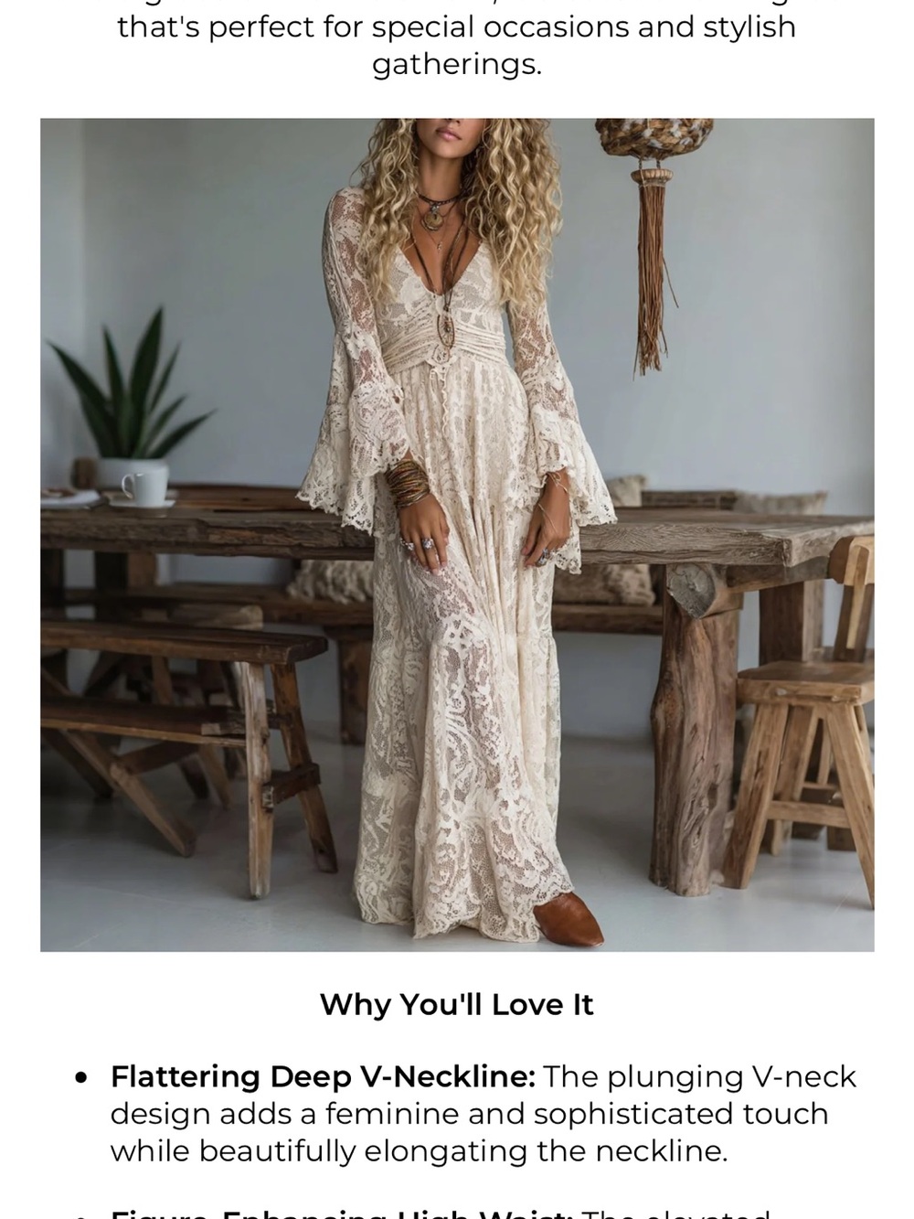 Cream Lace Bohemian/Renaissance Maxi Dress with Bell Sleeves - Picture 3 of 11